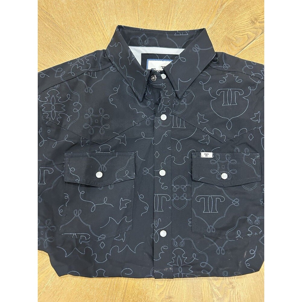 Ferrell Men’s Short Sleeve Western Shirt Pearl Snap M Black Logo Print NWT